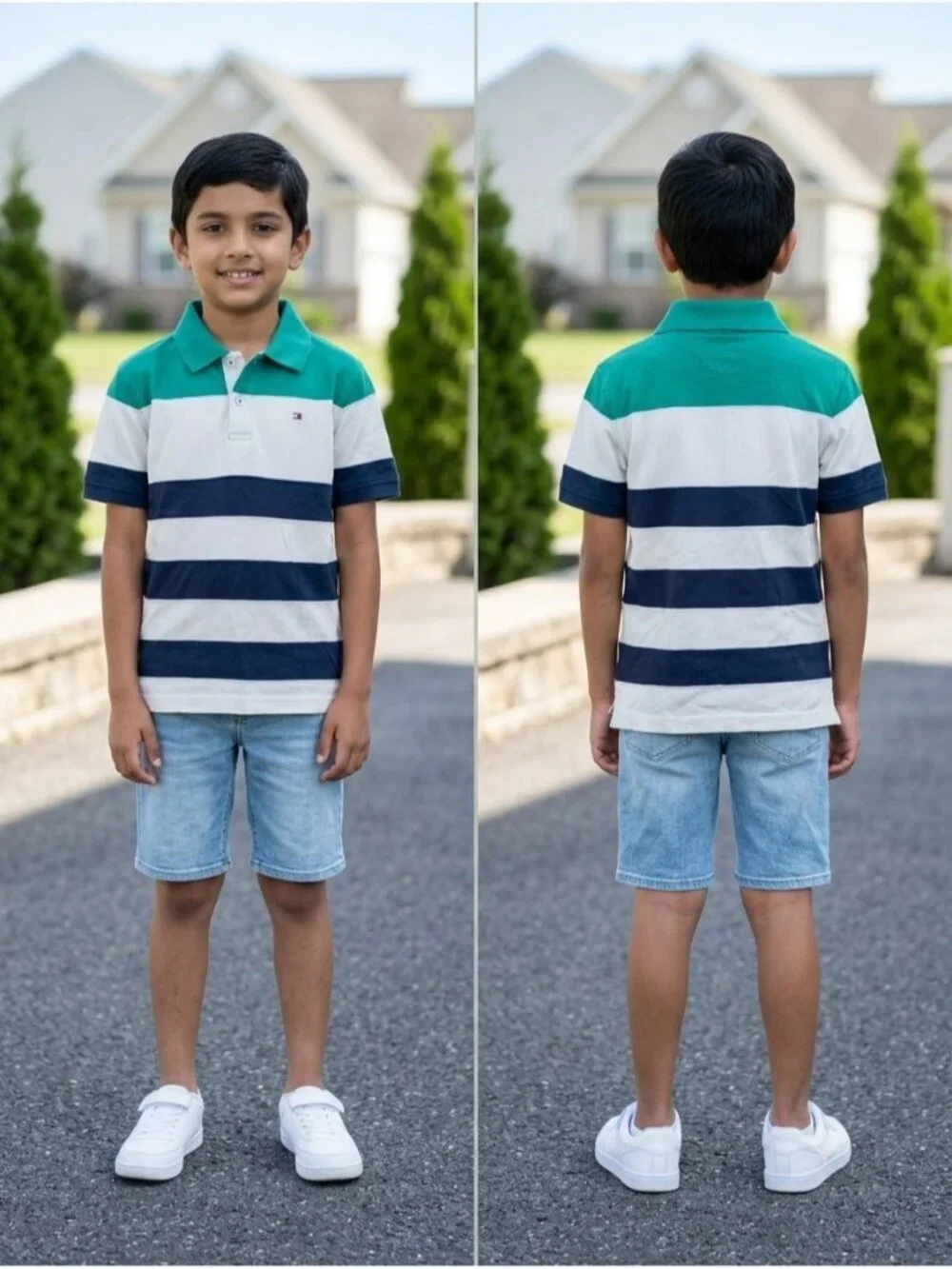Tommy Hilfiger Boys Striped Polo Shirt Size S 8/10 Green White Navy Short Sleeve